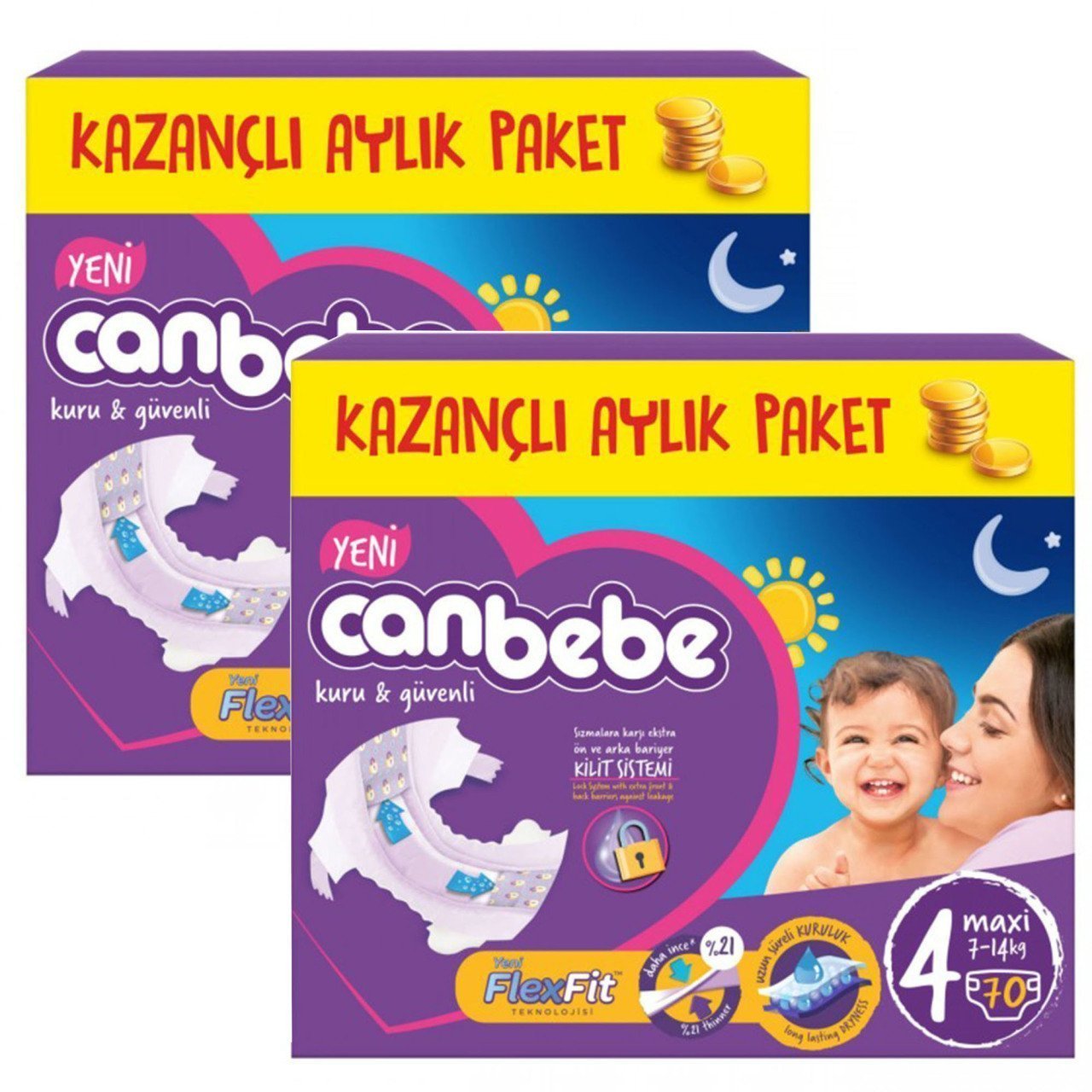 Canbebe Aylık Paket Bebek Bezi 7-14 kg No:4 Maxi 140 Adet