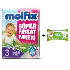 Molfix Süper Fırsat Paketi No:3 Midi 90 Adet  Bebek Bezi Islak Mendil Hediye