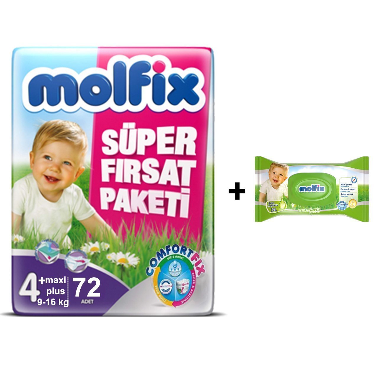 Molfix Süper Fırsat Paketi No:4+ Maxi Plus 72 Adet  Bebek Bezi Islak Mendil Hediye