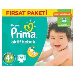 Prima Bebek Bezi Aktif Bebek Fırsat Paketi 4+ Beden 72 Adet