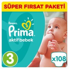 Prima Bebek Bezi Aktif Bebek Süper Fırsat Paketi 3 Beden 108 Adet