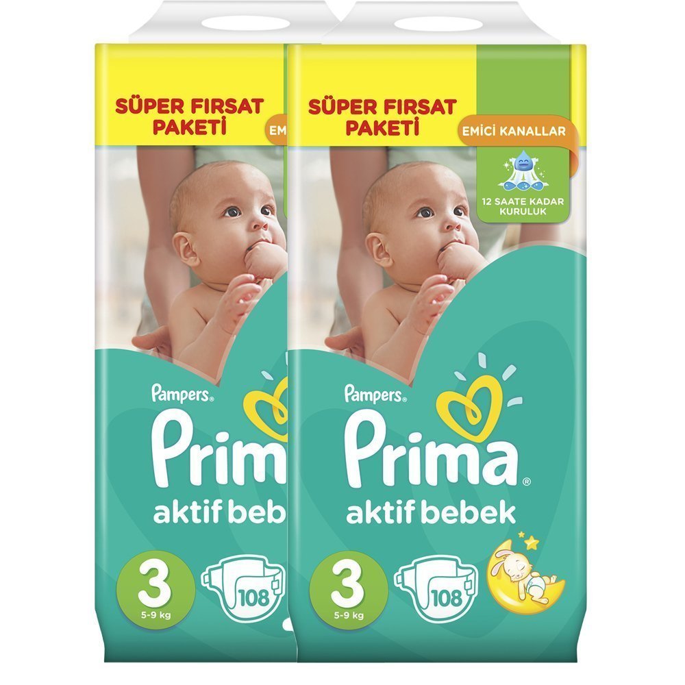 Prima Bebek Bezi Aktif Bebek Mega Fırsat Paketi 3 Beden 216 Adet