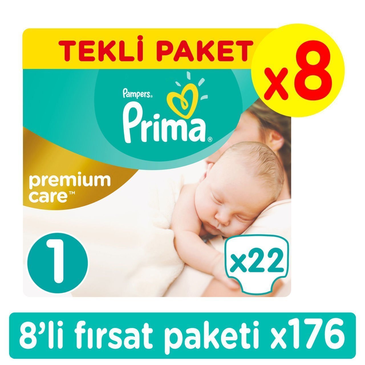 Prima Premium Care Yenidoğan Bebek Bezi 1 Beden Fırsat Paketi 176 Adet