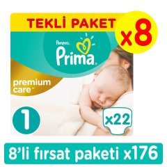 Prima Premium Care Yenidoğan Bebek Bezi 1 Beden Fırsat Paketi 176 Adet