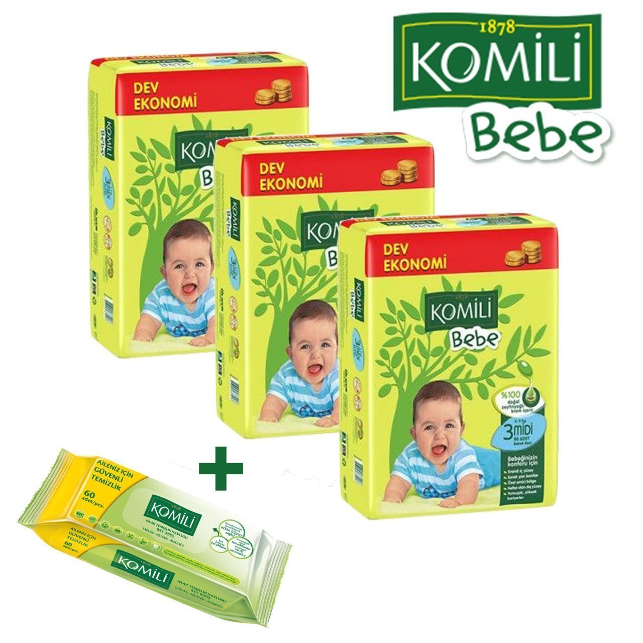 Komili Dev Ekonomik Fırsat Paketi 3 Beden Midi 216 Adet + Islak Mendil Hediye