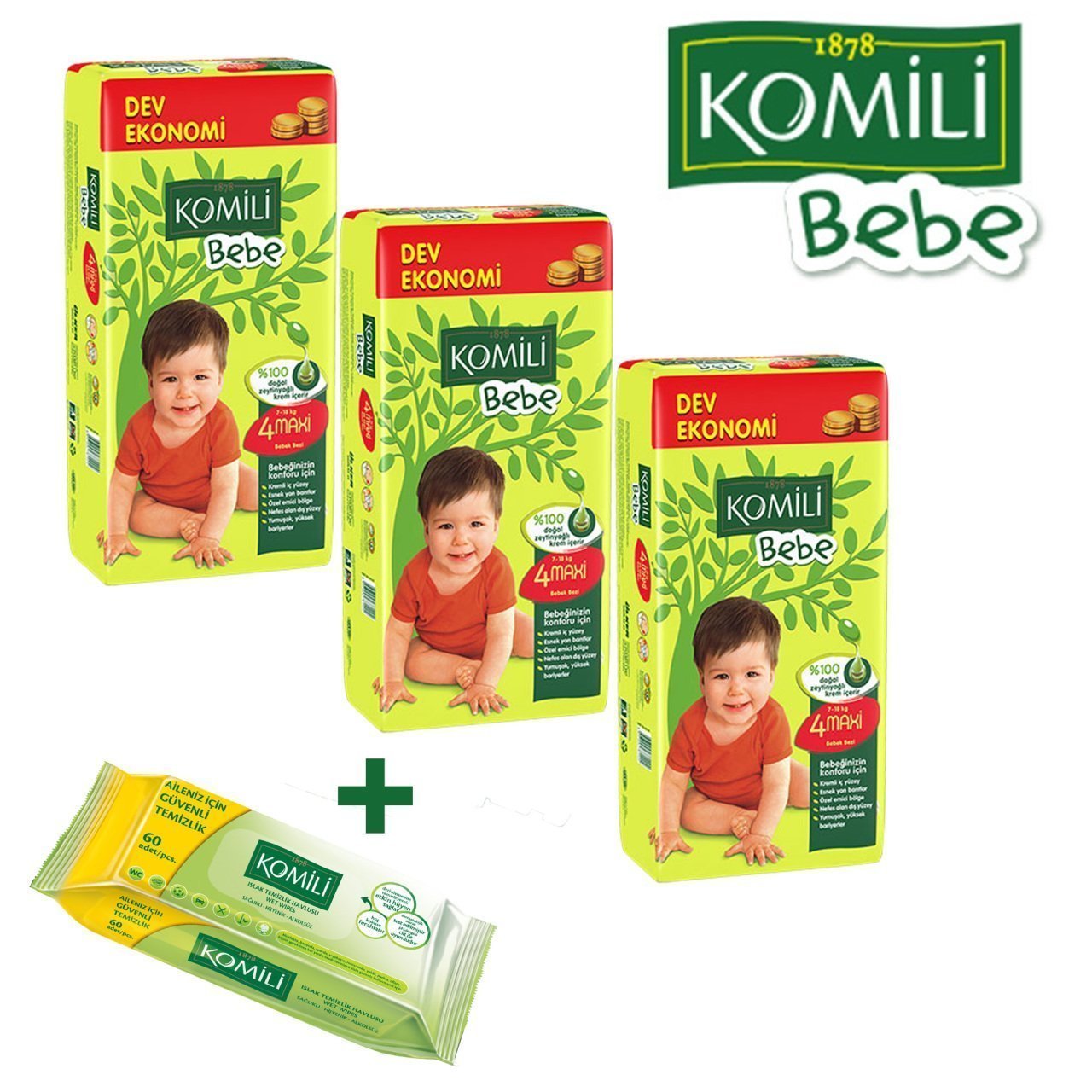Komili Dev Ekonomik Fırsat Paketi 4 Beden Maxi 180 Adet + Islak Mendil Hediye