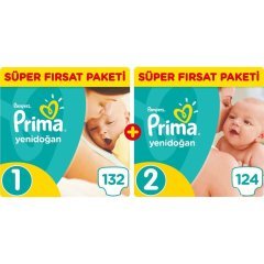 Prima Bebek Bezi Aktif Bebek Yenidoğan Aylık Fırsat Paketi (1 Beden 132 Adet + 2 Beden 124 Adet)