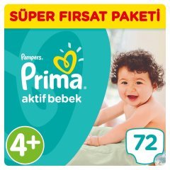 Prima Bebek Bezi Aktif Bebek Süper Fırsat Paketi 4+ Beden 72 Adet