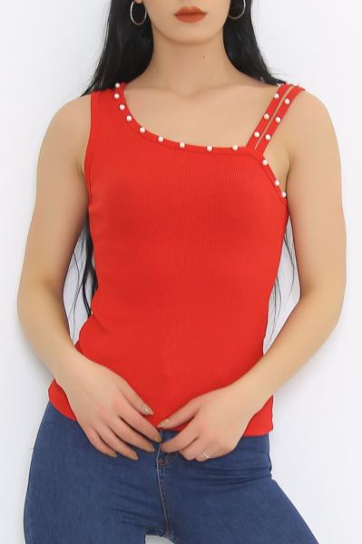 Tek Omuz İncili Body Kırmızı - 8814.1187.