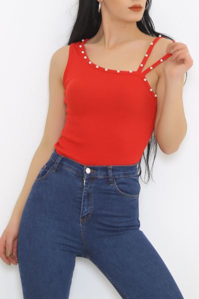 Tek Omuz İncili Body Kırmızı - 8814.1187.