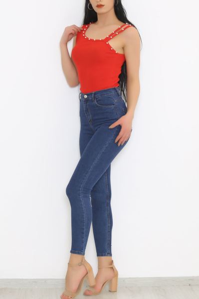 Tek Omuz İncili Body Kırmızı - 8814.1187.