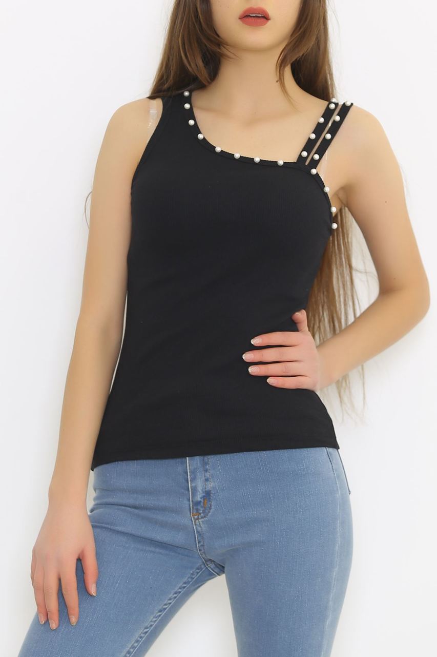 Tek Omuz İncili Body Siyah - 8814.1187.