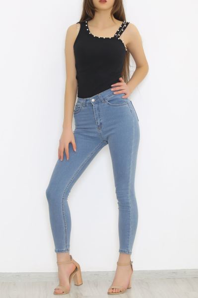 Tek Omuz İncili Body Siyah - 8814.1187.