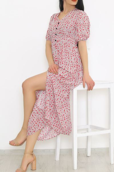 Düğme Detaylı Yırtmaçlı Elbise Kırmızı - 8822.1395.