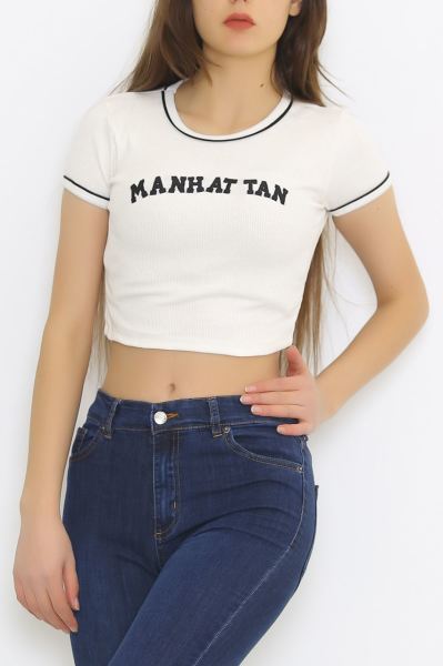 Nakış Yazılı Crop Ekru - 8825.1567.