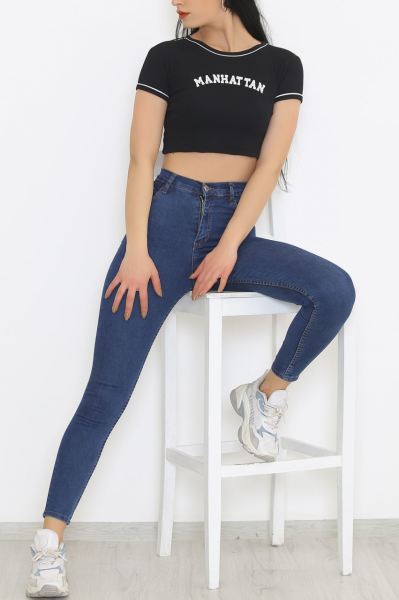 Nakış Yazılı Crop Siyah - 8825.1567.
