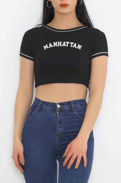 Nakış Yazılı Crop Siyah - 8825.1567.