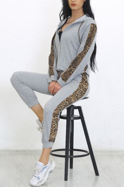 Leopar Detaylı Fermuarlı Takım Gri - 8386.5238.