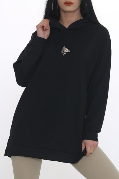 Nakışlı Kapşonlu Sweat Siyah - 3326.105.