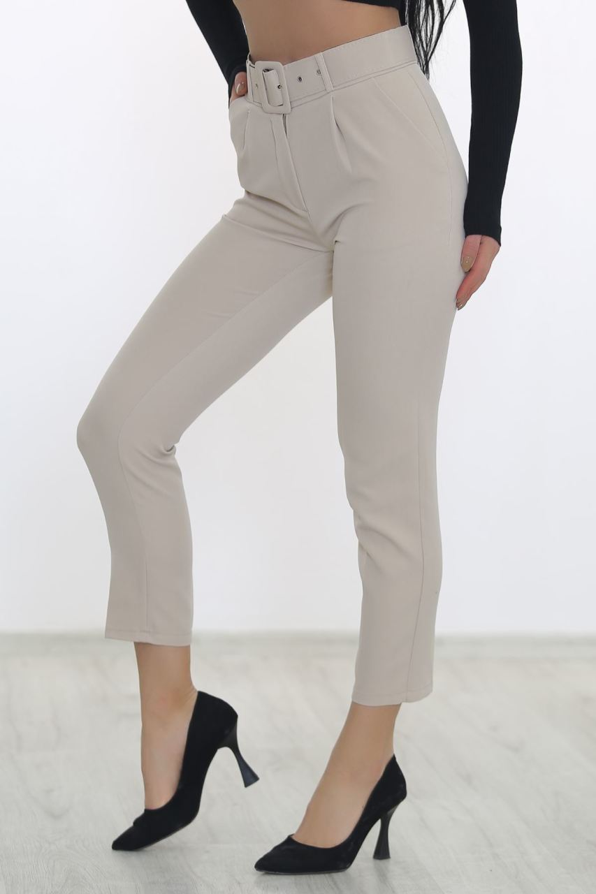 Kemerli Kumaş Pantolon Taş - 7894.1397.
