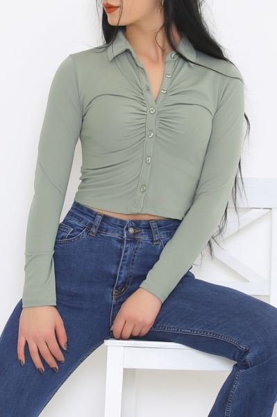 Gömlek Yaka Düğmeli Bluz Pastelyeşil - 8751.224.