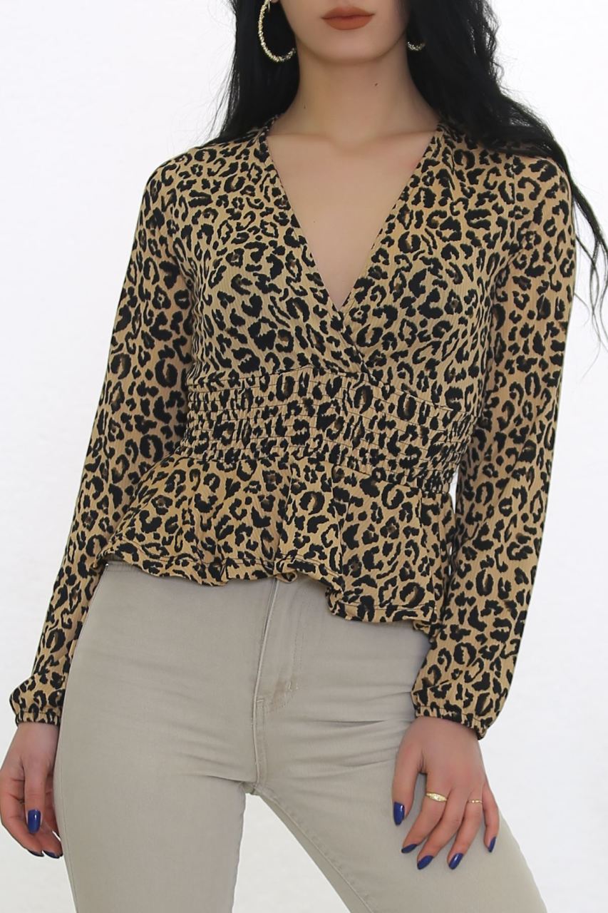 Kruvaze Bel Lastikli Bluz Leopar - 8620.224.