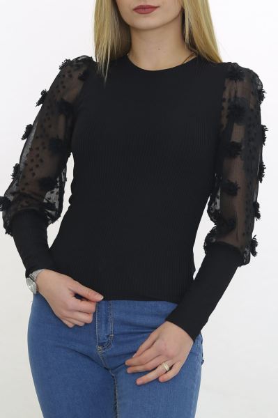 Tül Kollu Bluz Siyah - 8621.224.