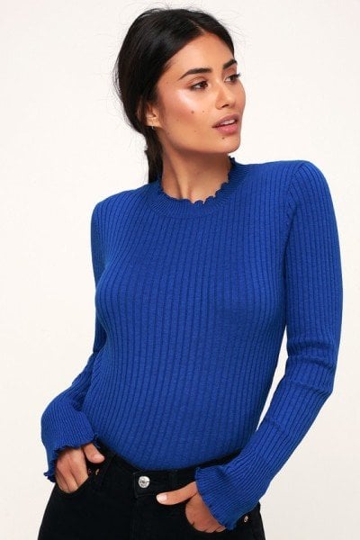 Hannie Blush Pink Lettuce Edge Ribbed Cropped Sweater Top