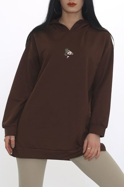 Nakışlı Kapşonlu Sweat Kahve - 3326.105.