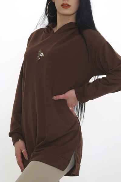 Nakışlı Kapşonlu Sweat Kahve - 3326.105.