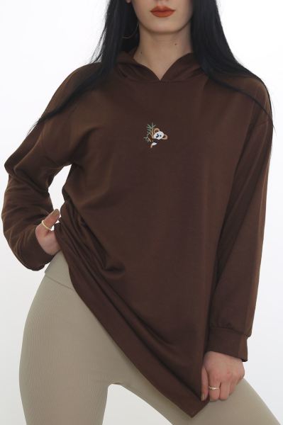 Nakışlı Kapşonlu Sweat Kahve - 3326.105.