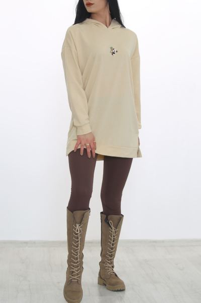 Nakışlı Kapşonlu Sweat Bej - 3326.105.