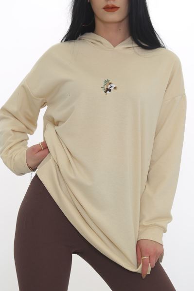 Nakışlı Kapşonlu Sweat Bej - 3326.105.