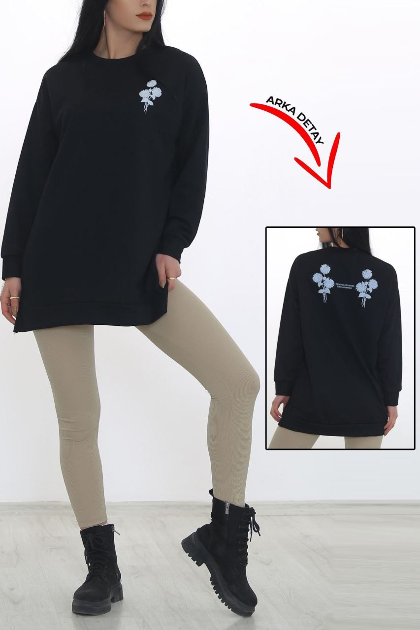 Ön Arka Çiçek Baskılı Sweat Siyah - 3415.105.