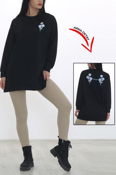 Ön Arka Çiçek Baskılı Sweat Siyah - 3415.105.