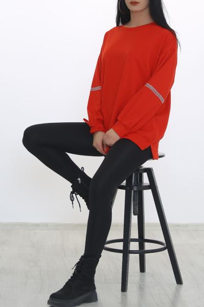 Kolları Taşlı Sweat Kırmızı - 3419.105.