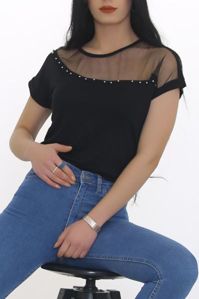 Tül Ve İncili Bluz Siyah - 8663.599.