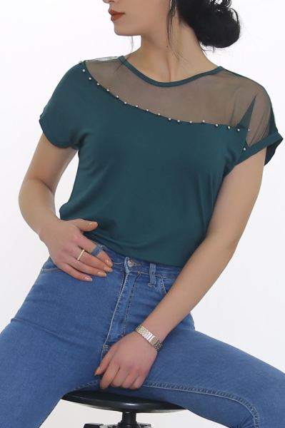 Tül Ve İncili Bluz Yeşil - 8663.599.