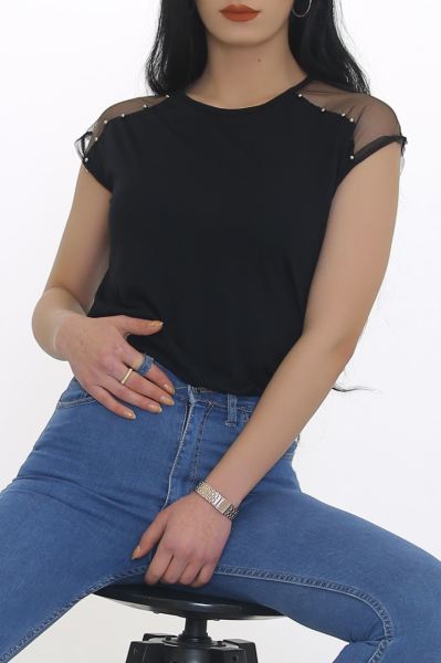 Omuz Tül İnci Detaylı Bluz Siyah - 8677.599.
