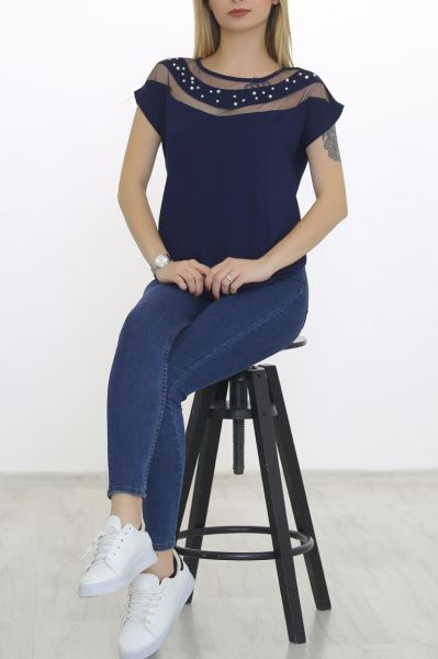Tül İncili Bluz Lacivert - 8674.599.