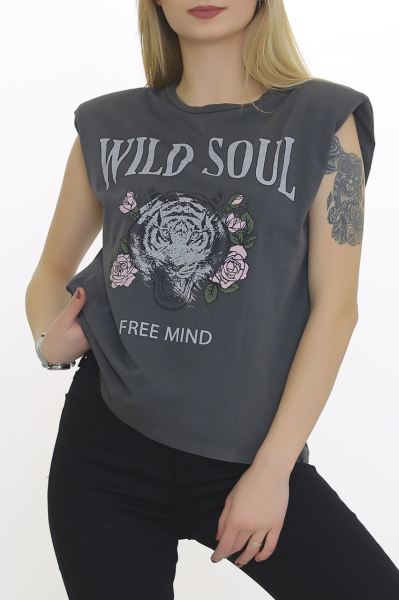 Vatkalı Yıkamalı Tişört Füme - 8682.883.