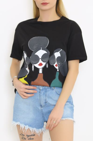 Üç Kız Baskılı Tişört Siyah - 4542.196.