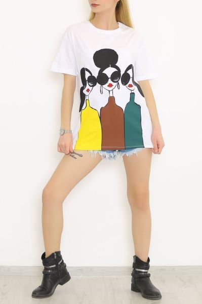 Üç Kız Baskılı Tişört Beyaz - 4542.196.