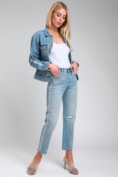 Ex Boyfriend Trucker Medium Wash Rhinestone Denim Jacket