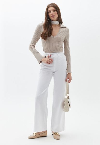 Beyaz Ultra Yüksek Bel Wide-Leg Pantolon