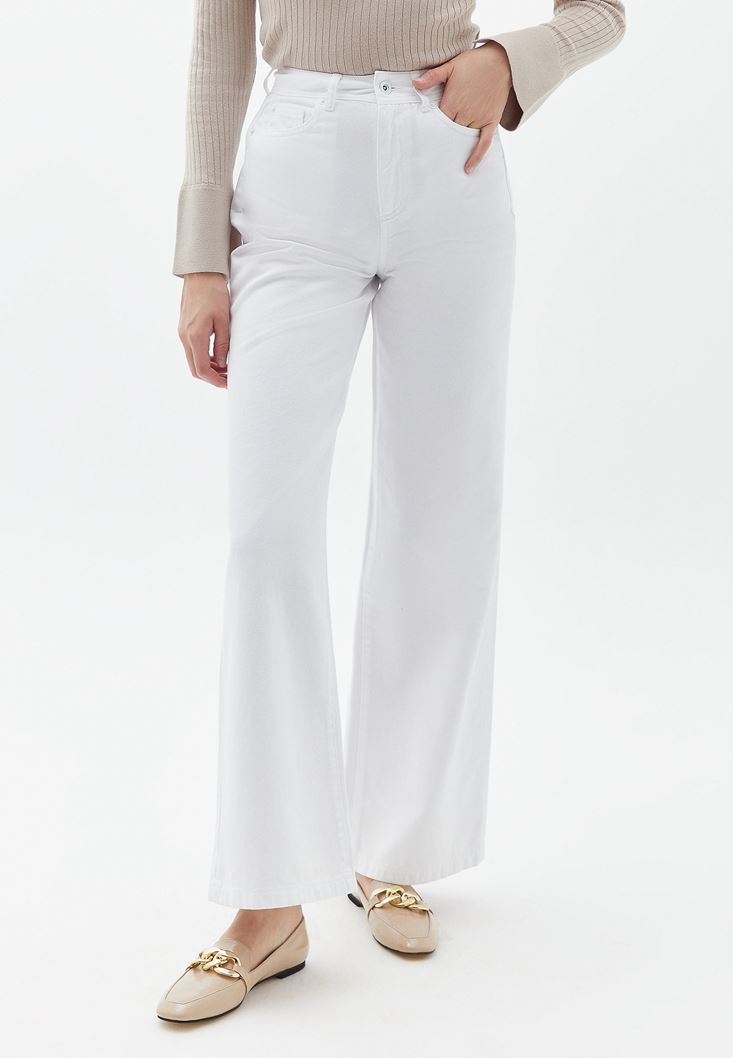 Beyaz Ultra Yüksek Bel Wide-Leg Pantolon