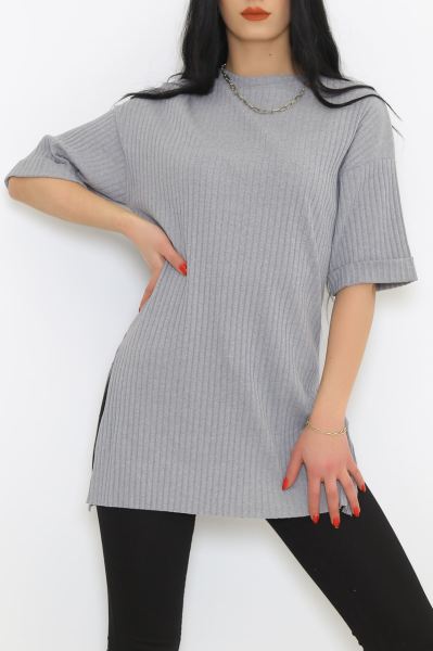 Duble Kol Fitilli Tişört Koyugri - 8714.1567.