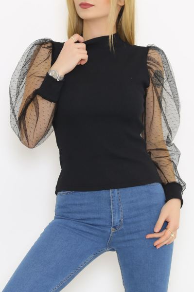 Kolu Tüllü Bluz Siyah5 - 8603.316.