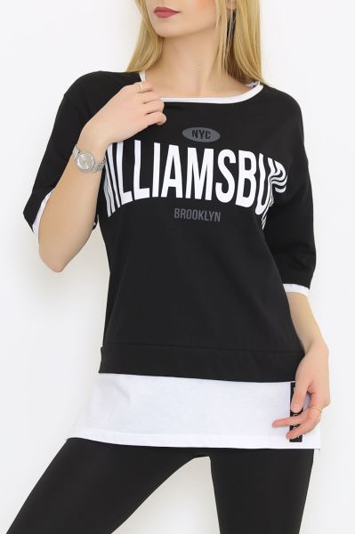 Eteği Garnili Baskılı Tişört Siyah - 4549.196.