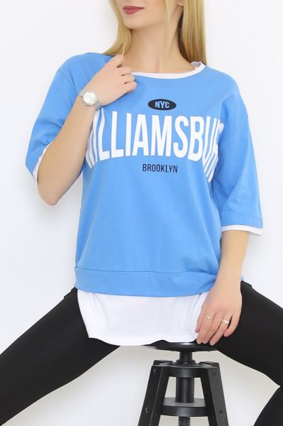 Eteği Garnili Baskılı Tişört Mavi - 4549.196.